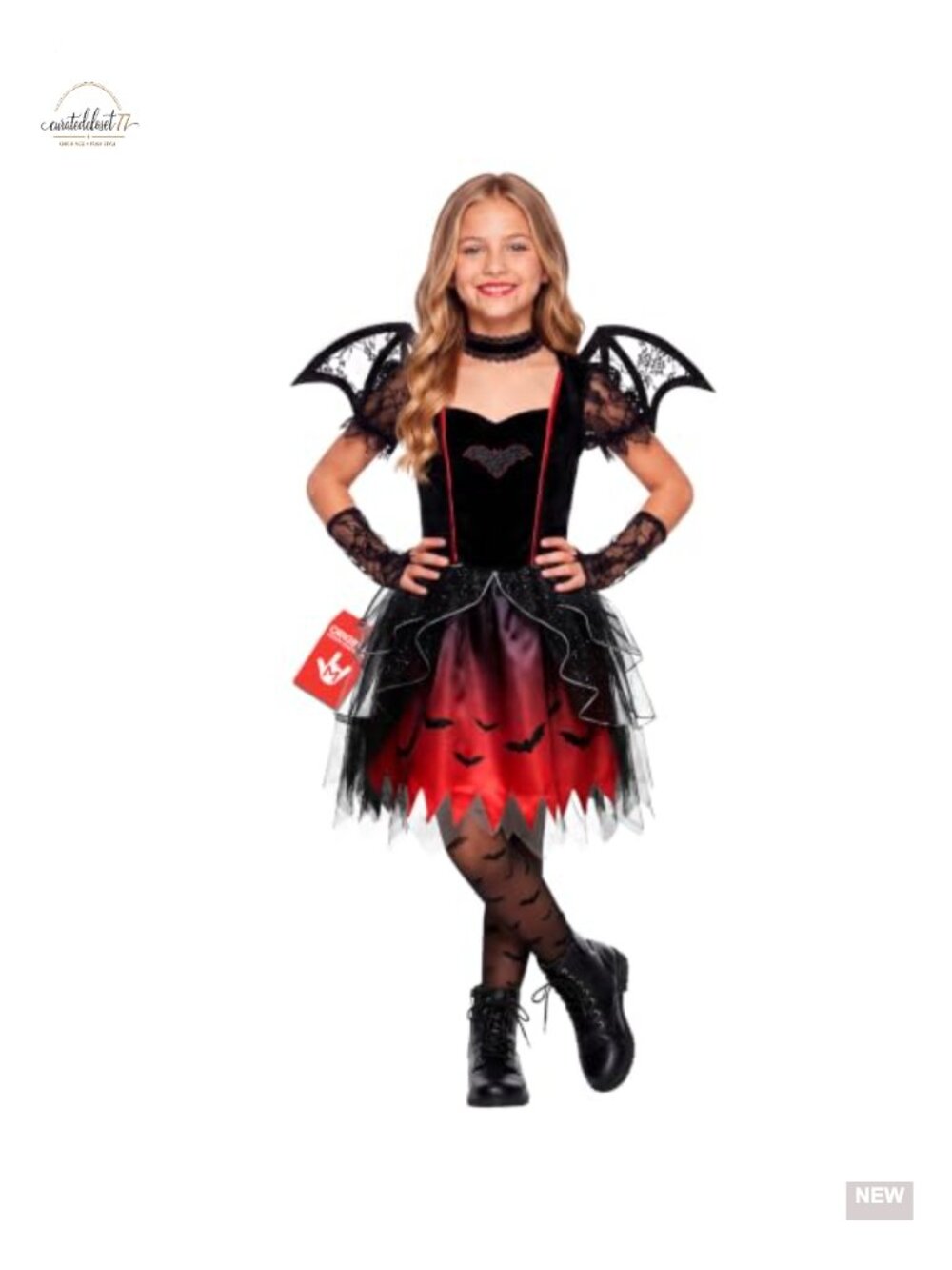 Girls Gothic Vampire Bat Dress Costume Set Puff Sleeve Halloween